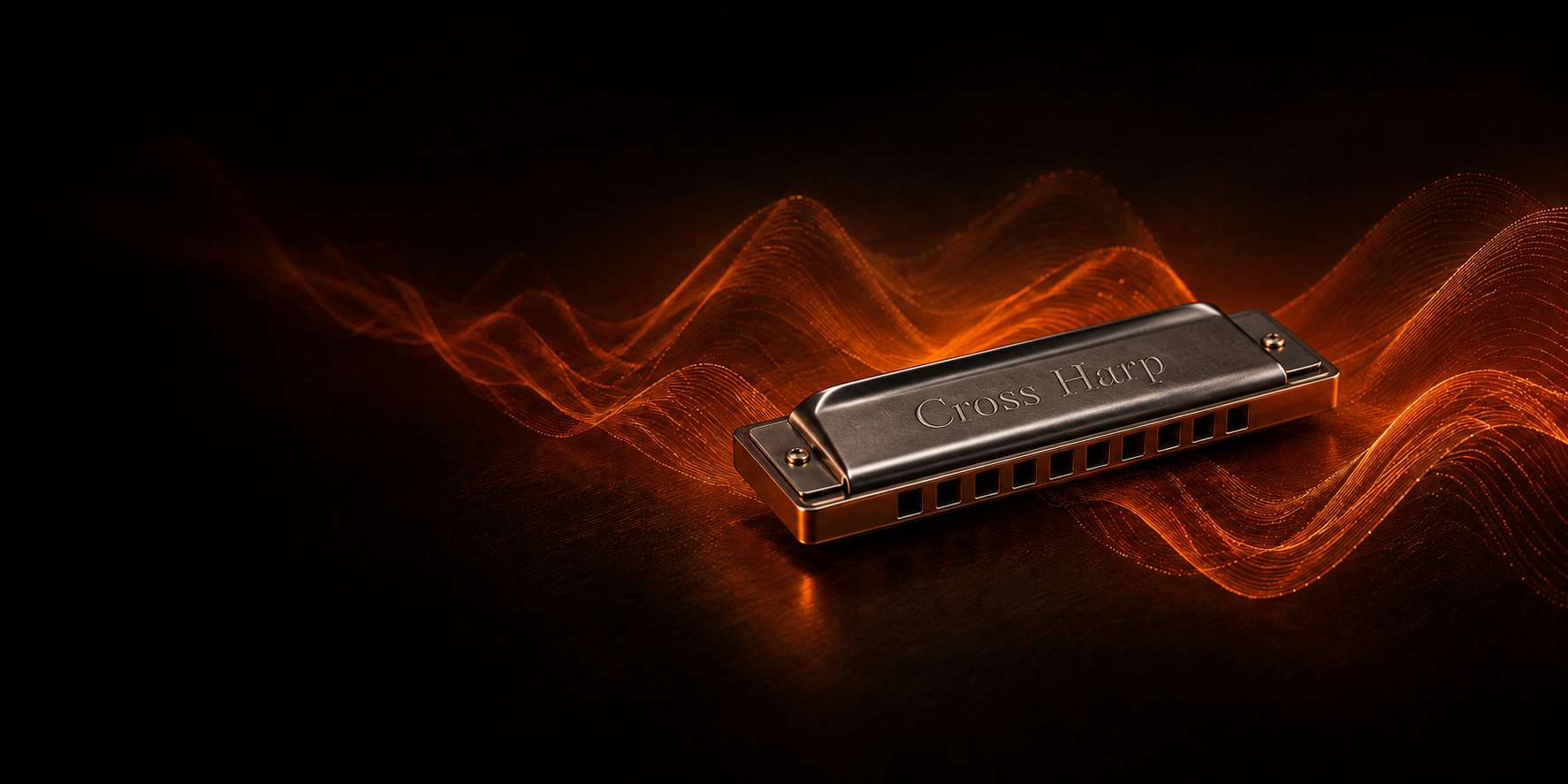 A dark metal Cross Harp harmonica surrounded by glowing orange sound waves